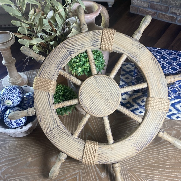 NEW! Rustic Wood & Jute Accented Captain Ship Boat Wheel Coastal Beach Decor - Picture 6 of 8